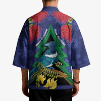 New Zealand Christmas In July Kimono Kowhai Tui Bird With Pohutukawa - Blue - Polynesian Pride