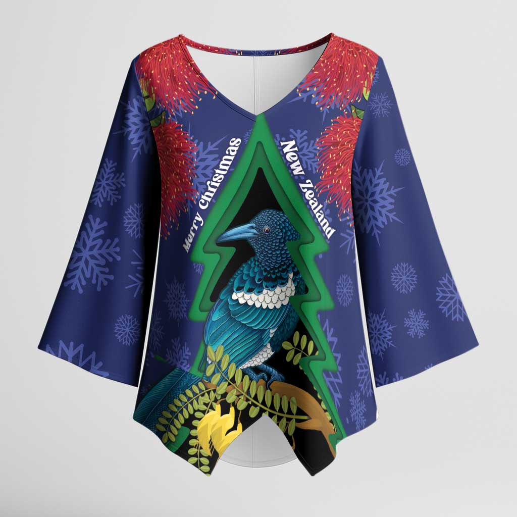 New Zealand Christmas In July Kimono Sleeve Blouse Kowhai Tui Bird With Pohutukawa - Blue - Polynesian Pride