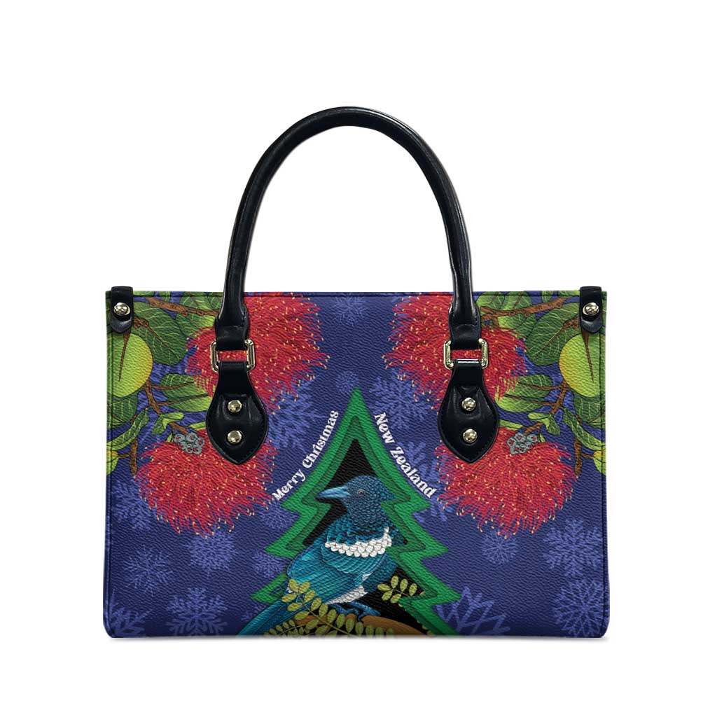 New Zealand Christmas In July Leather Bag Kowhai Tui Bird With Pohutukawa - Blue - Polynesian Pride