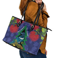 New Zealand Christmas In July Leather Tote Bag Kowhai Tui Bird With Pohutukawa - Blue