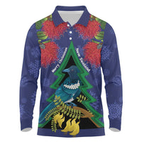 New Zealand Christmas In July Long Sleeve Polo Shirt Kowhai Tui Bird With Pohutukawa - Blue