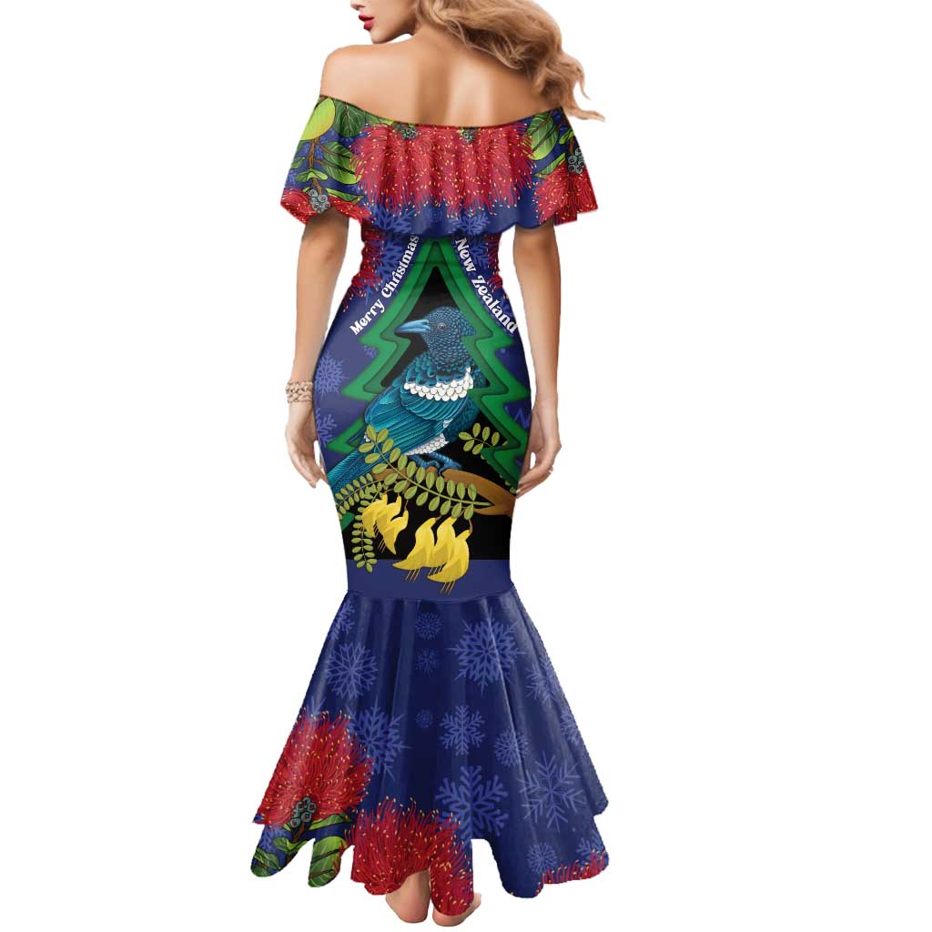 New Zealand Christmas In July Mermaid Dress Kowhai Tui Bird With Pohutukawa - Blue