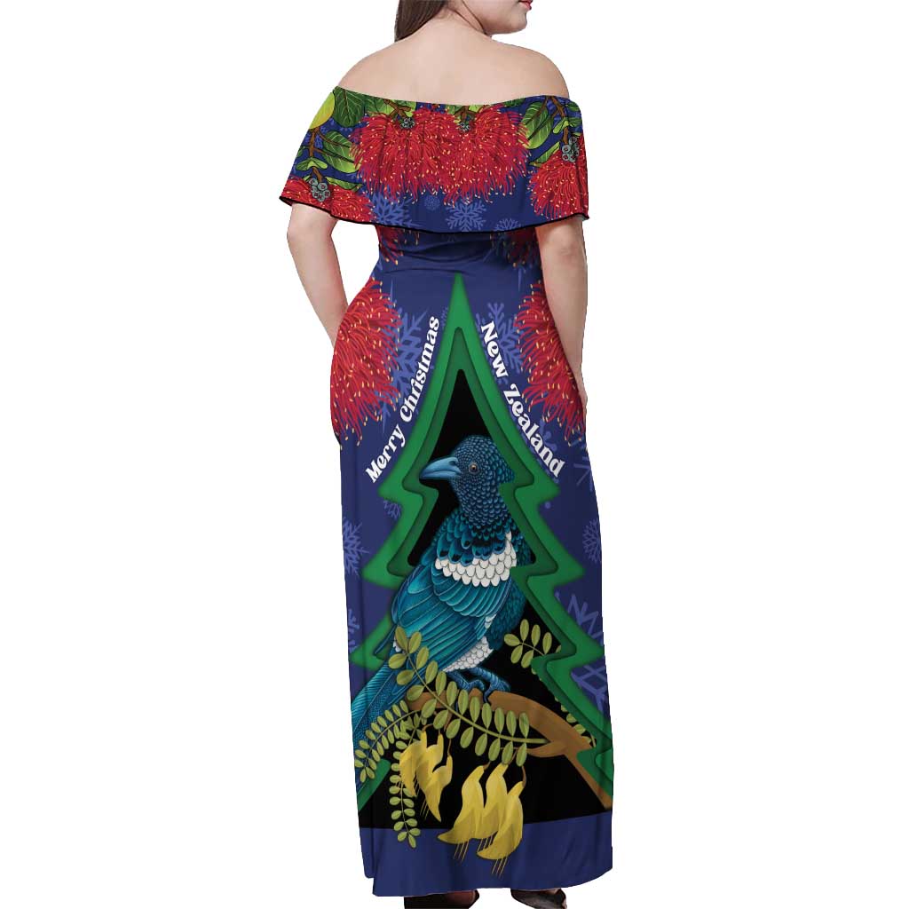 New Zealand Christmas In July Off Shoulder Maxi Dress Kowhai Tui Bird With Pohutukawa - Blue