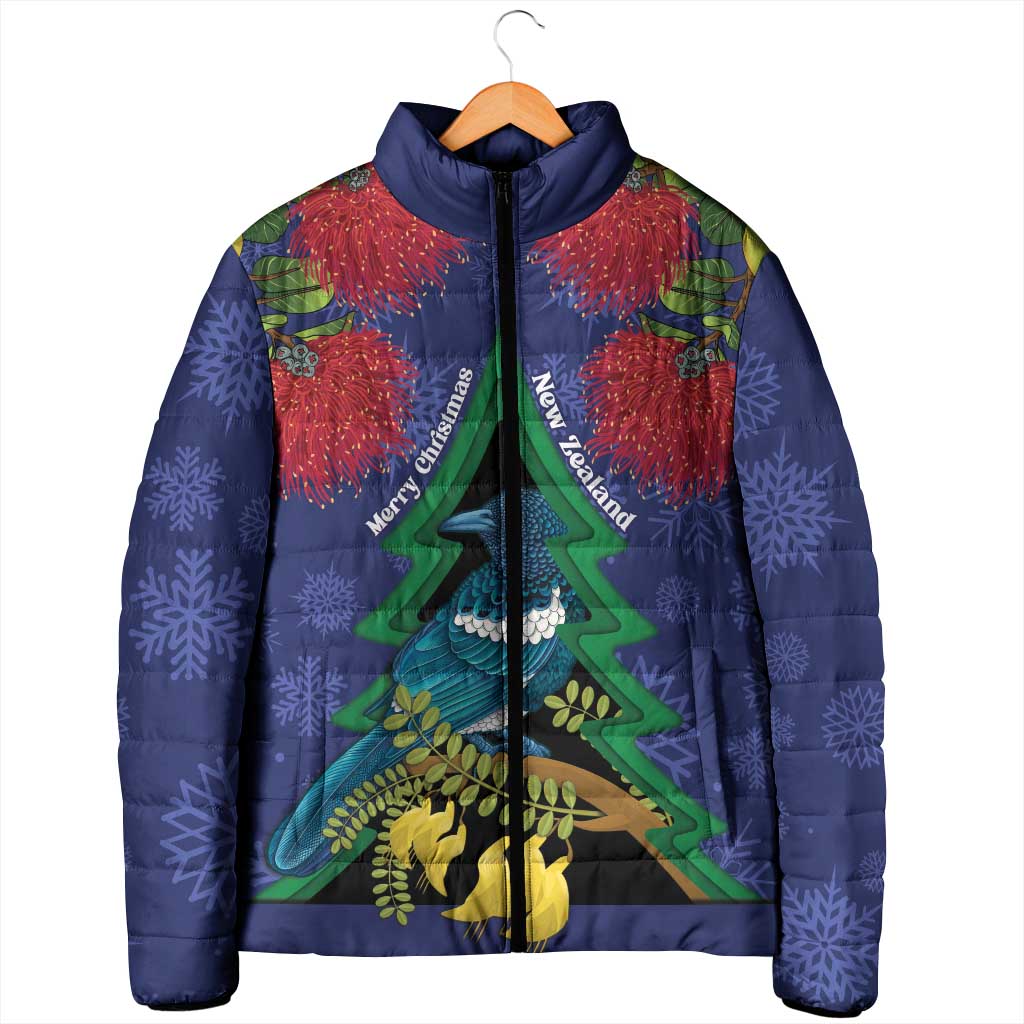 New Zealand Christmas In July Padded Jacket Kowhai Tui Bird With Pohutukawa - Blue - Polynesian Pride