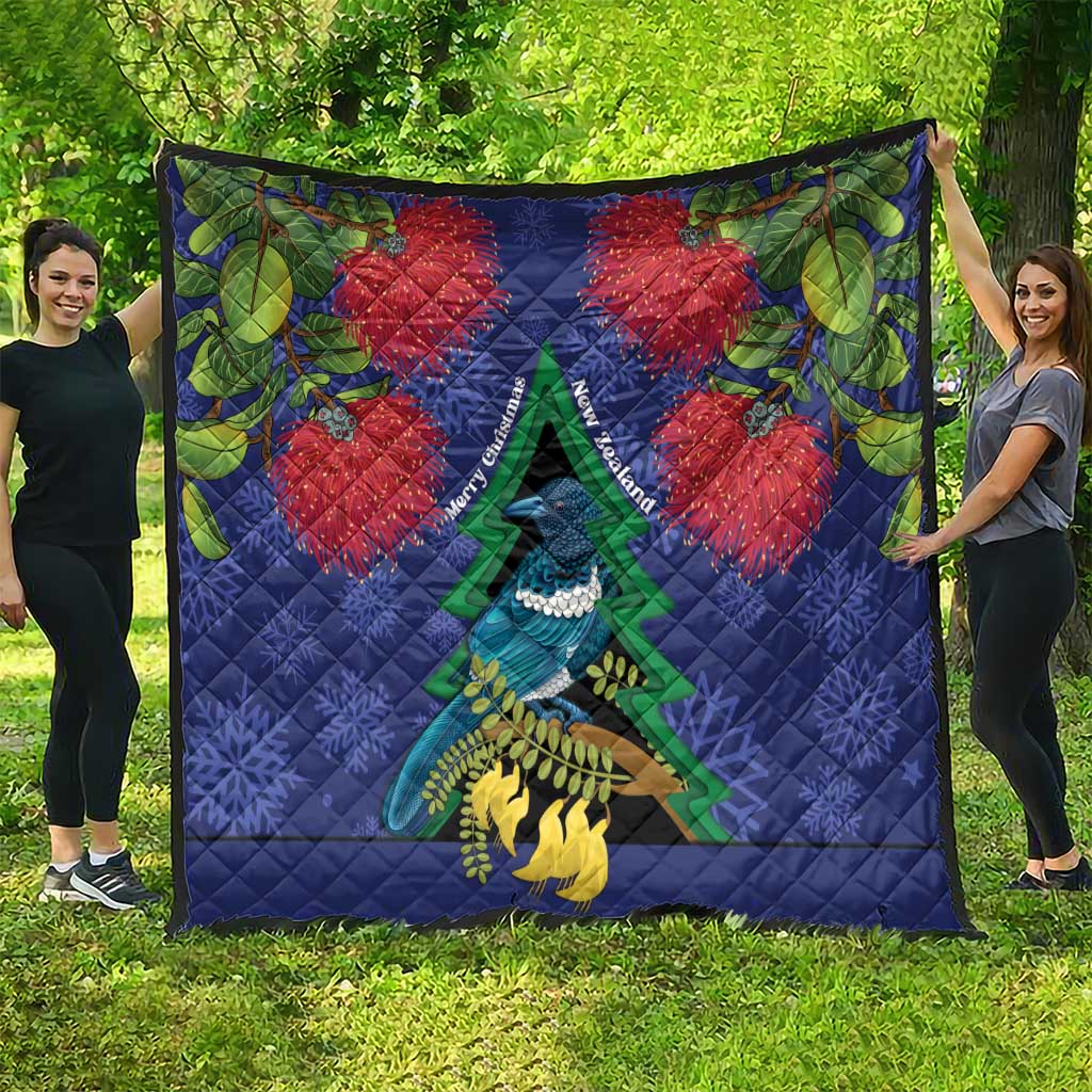 New Zealand Christmas In July Quilt Kowhai Tui Bird With Pohutukawa - Blue