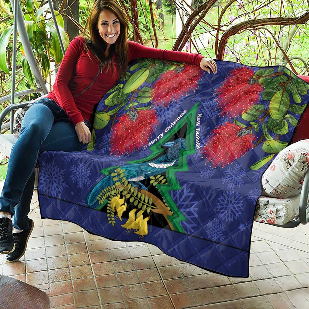 New Zealand Christmas In July Quilt Kowhai Tui Bird With Pohutukawa - Blue