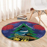 New Zealand Christmas In July Round Carpet Kowhai Tui Bird With Pohutukawa - Blue