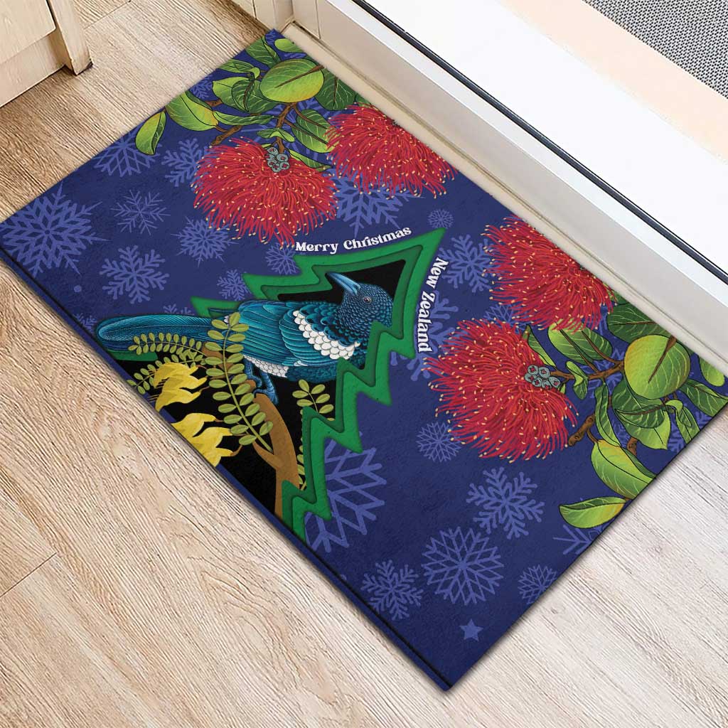 New Zealand Christmas In July Rubber Doormat Kowhai Tui Bird With Pohutukawa - Blue