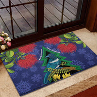 New Zealand Christmas In July Rubber Doormat Kowhai Tui Bird With Pohutukawa - Blue