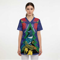 New Zealand Christmas In July Scrub Top Kowhai Tui Bird With Pohutukawa - Blue - Polynesian Pride