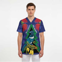 New Zealand Christmas In July Scrub Top Kowhai Tui Bird With Pohutukawa - Blue - Polynesian Pride