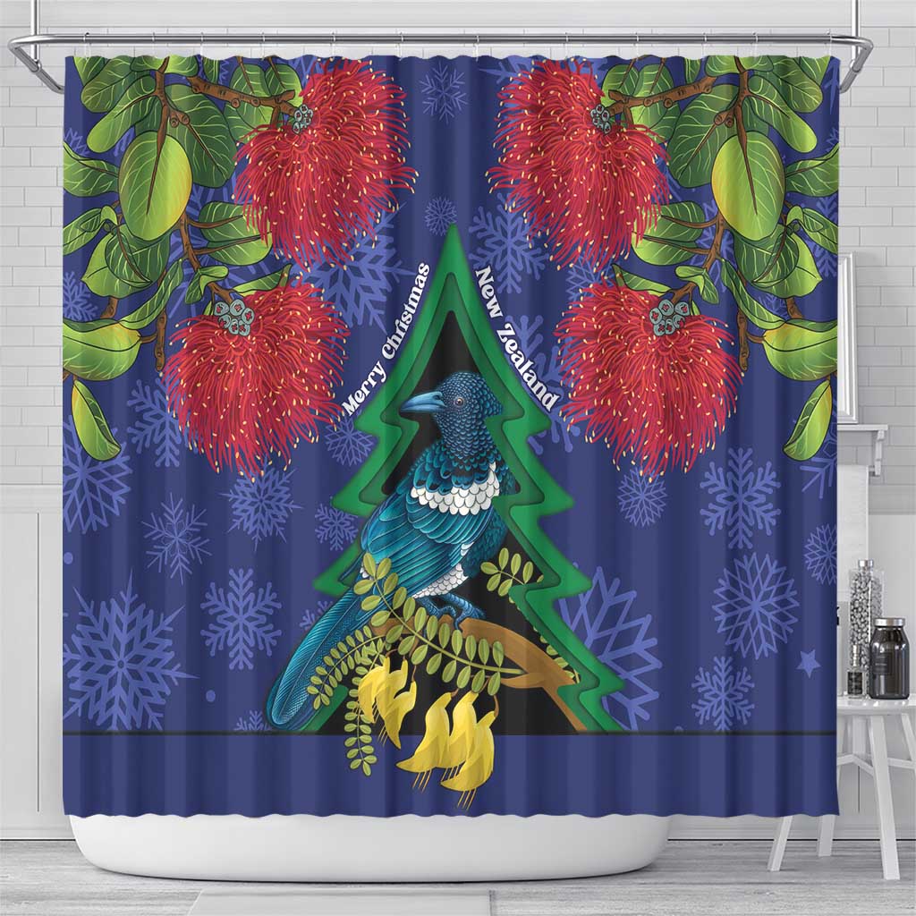 New Zealand Christmas In July Shower Curtain Kowhai Tui Bird With Pohutukawa - Blue