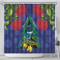New Zealand Christmas In July Shower Curtain Kowhai Tui Bird With Pohutukawa - Blue