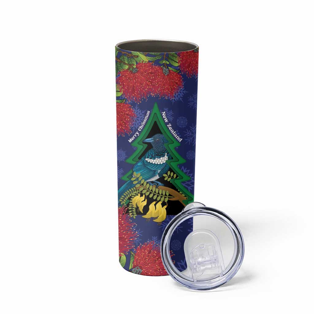 New Zealand Christmas In July Skinny Tumbler Kowhai Tui Bird With Pohutukawa - Blue