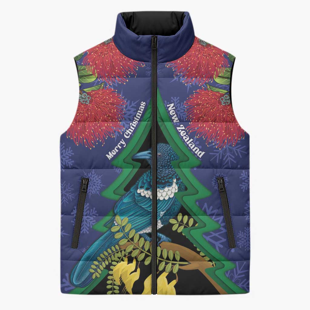 New Zealand Christmas In July Sleeveless Puffer Jacket Kowhai Tui Bird With Pohutukawa - Blue - Polynesian Pride