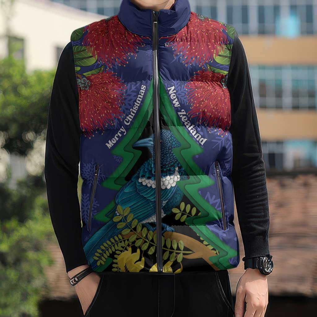 New Zealand Christmas In July Sleeveless Puffer Jacket Kowhai Tui Bird With Pohutukawa - Blue - Polynesian Pride