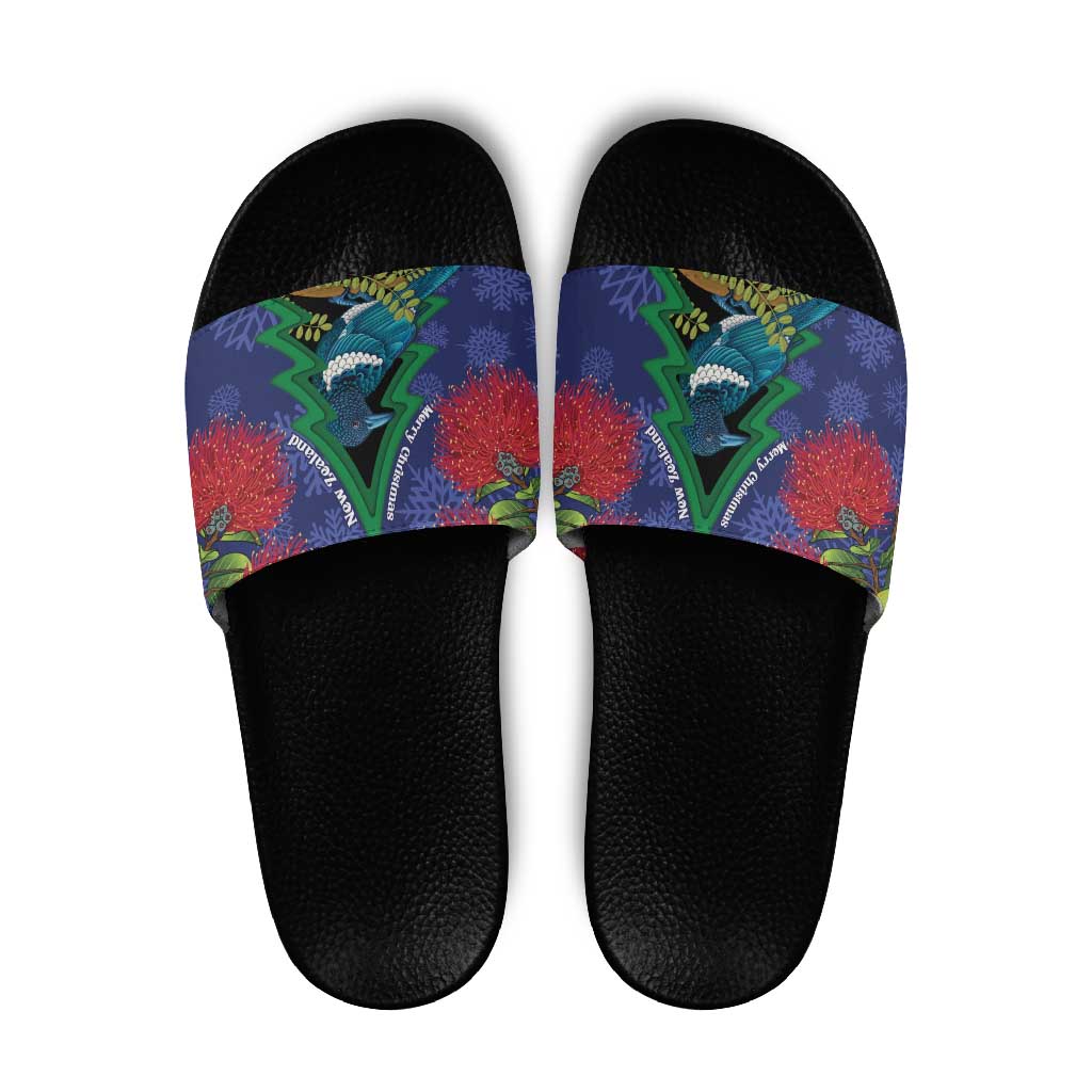 New Zealand Christmas In July Slide Sandals Kowhai Tui Bird With Pohutukawa - Blue - Polynesian Pride