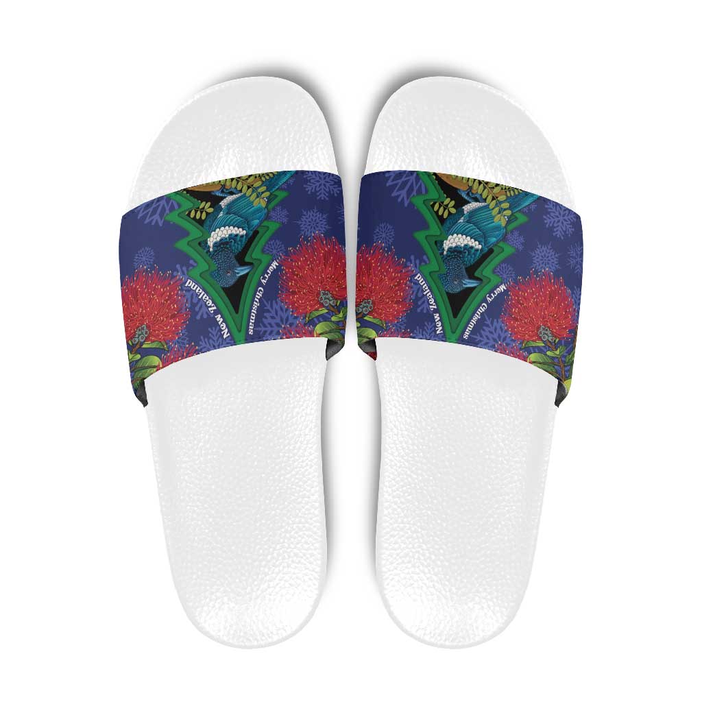 New Zealand Christmas In July Slide Sandals Kowhai Tui Bird With Pohutukawa - Blue - Polynesian Pride