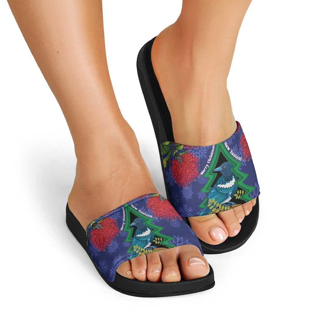 New Zealand Christmas In July Slide Sandals Kowhai Tui Bird With Pohutukawa - Blue - Polynesian Pride