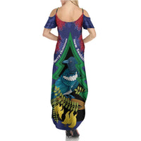 New Zealand Christmas In July Summer Maxi Dress Kowhai Tui Bird With Pohutukawa - Blue