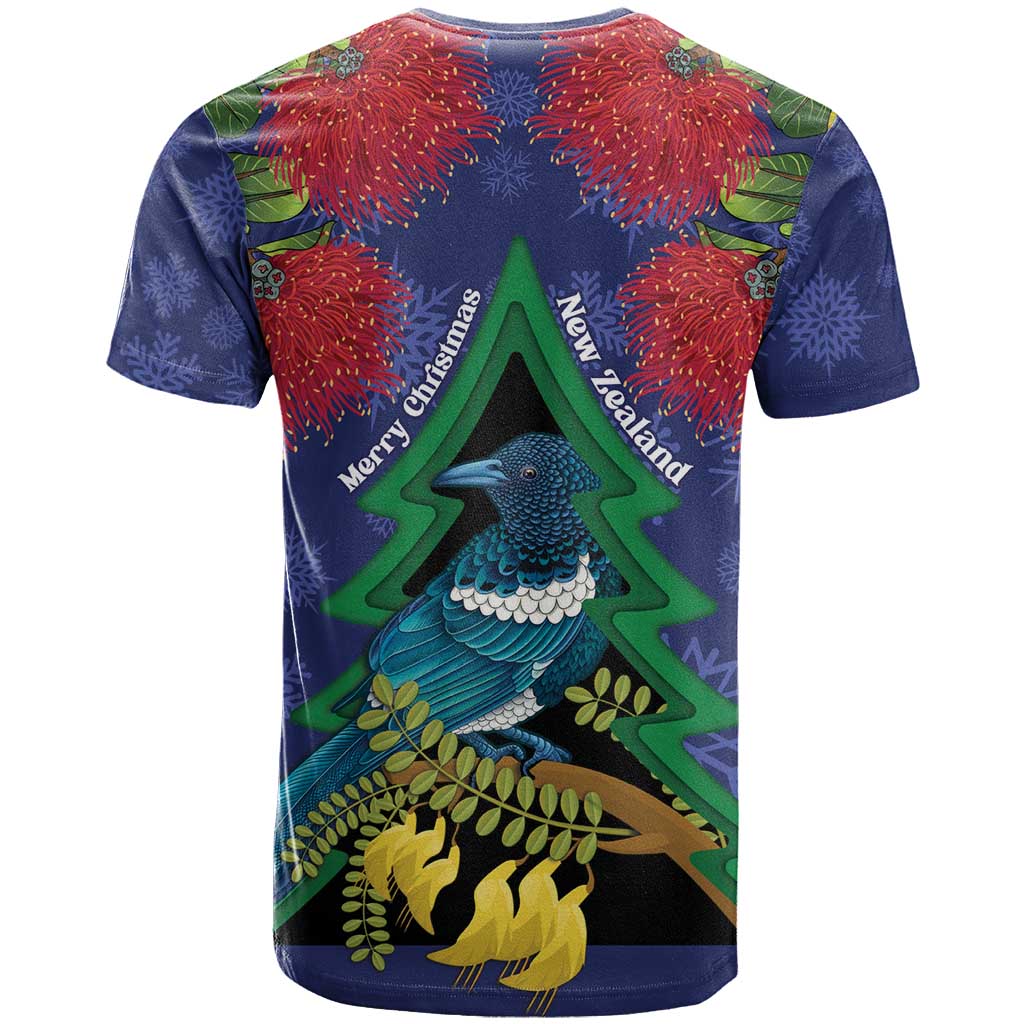 New Zealand Christmas In July T Shirt Kowhai Tui Bird With Pohutukawa - Blue