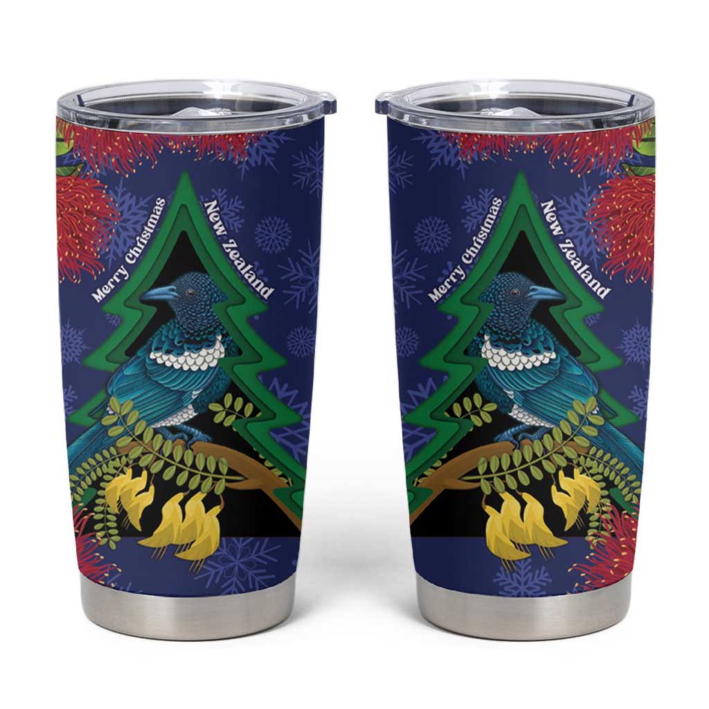 New Zealand Christmas In July Tumbler Cup Kowhai Tui Bird With Pohutukawa - Blue