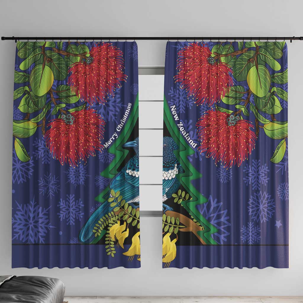 New Zealand Christmas In July Window Curtain Kowhai Tui Bird With Pohutukawa - Blue