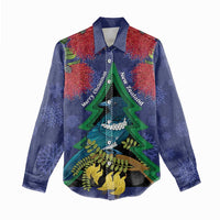 New Zealand Christmas In July Women Casual Shirt Kowhai Tui Bird With Pohutukawa - Blue