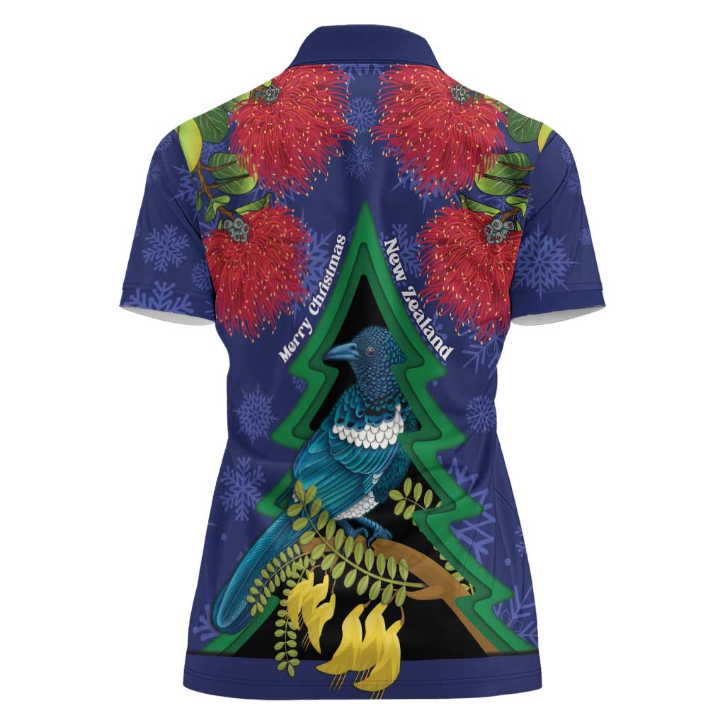 New Zealand Christmas In July Women Polo Shirt Kowhai Tui Bird With Pohutukawa - Blue