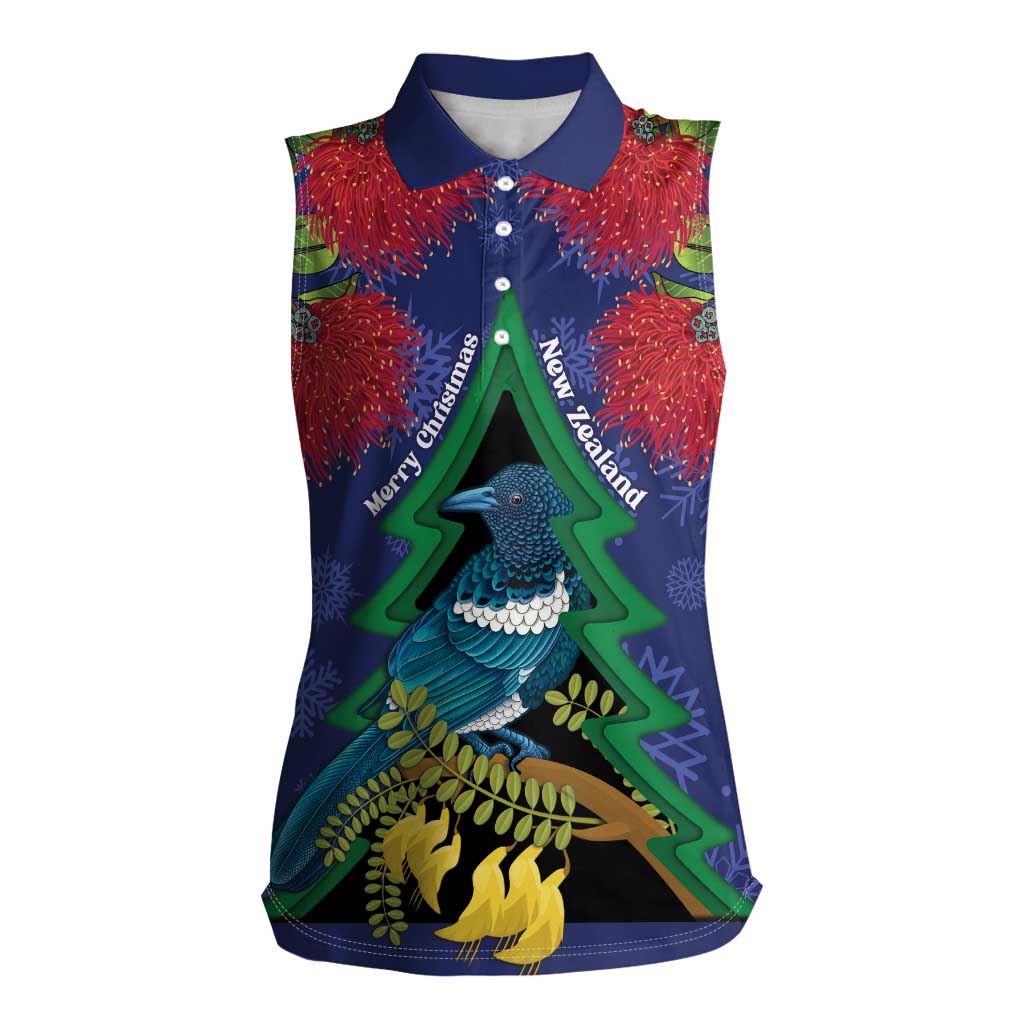 New Zealand Christmas In July Women Sleeveless Polo Shirt Kowhai Tui Bird With Pohutukawa - Blue