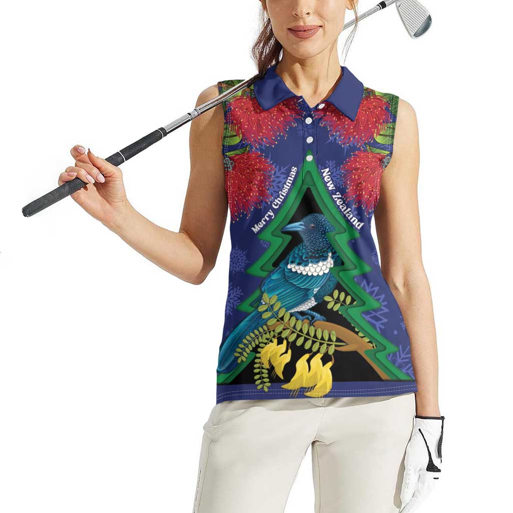 New Zealand Christmas In July Women Sleeveless Polo Shirt Kowhai Tui Bird With Pohutukawa - Blue