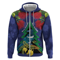 New Zealand Christmas In July Zip Hoodie Kowhai Tui Bird With Pohutukawa - Blue