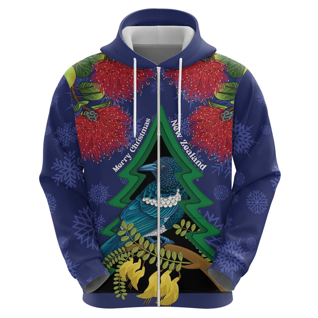 New Zealand Christmas In July Zip Hoodie Kowhai Tui Bird With Pohutukawa - Blue