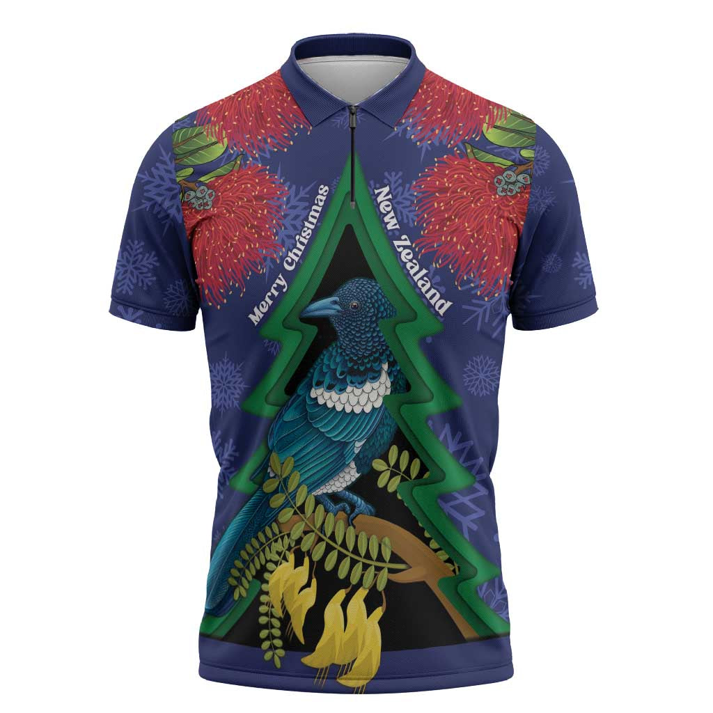 New Zealand Christmas In July Zipper Polo Shirt Kowhai Tui Bird With Pohutukawa - Blue - Polynesian Pride