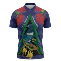 New Zealand Christmas In July Zipper Polo Shirt Kowhai Tui Bird With Pohutukawa - Blue - Polynesian Pride