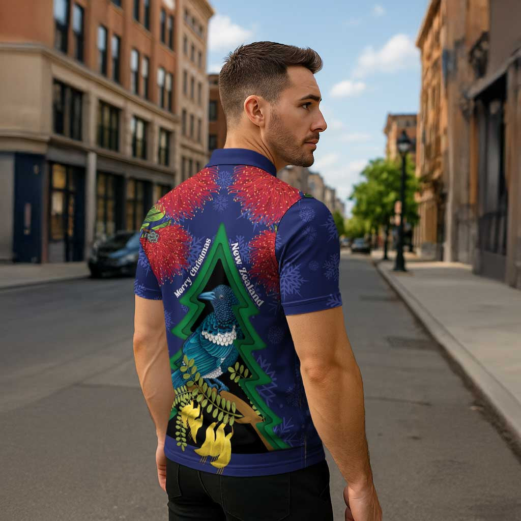 New Zealand Christmas In July Zipper Polo Shirt Kowhai Tui Bird With Pohutukawa - Blue - Polynesian Pride