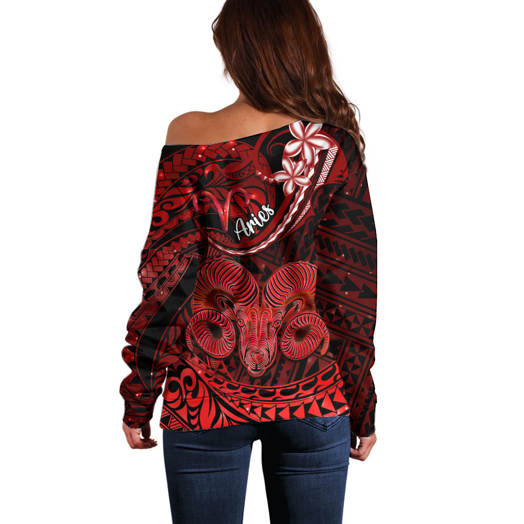 Polynesian Pride Aries Zodiac Off Shoulder Sweater Astrological Sign Tribal Plumeria Red Galaxy LT14 - Polynesian Pride