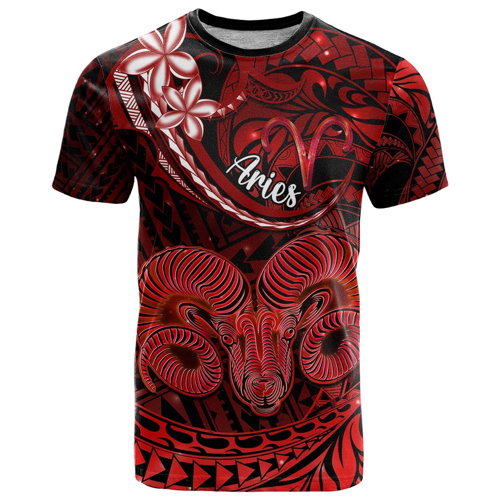 Polynesian Pride Aries Zodiac T Shirt Astrological Sign Tribal Plumeria Red Galaxy LT14 Red - Polynesian Pride