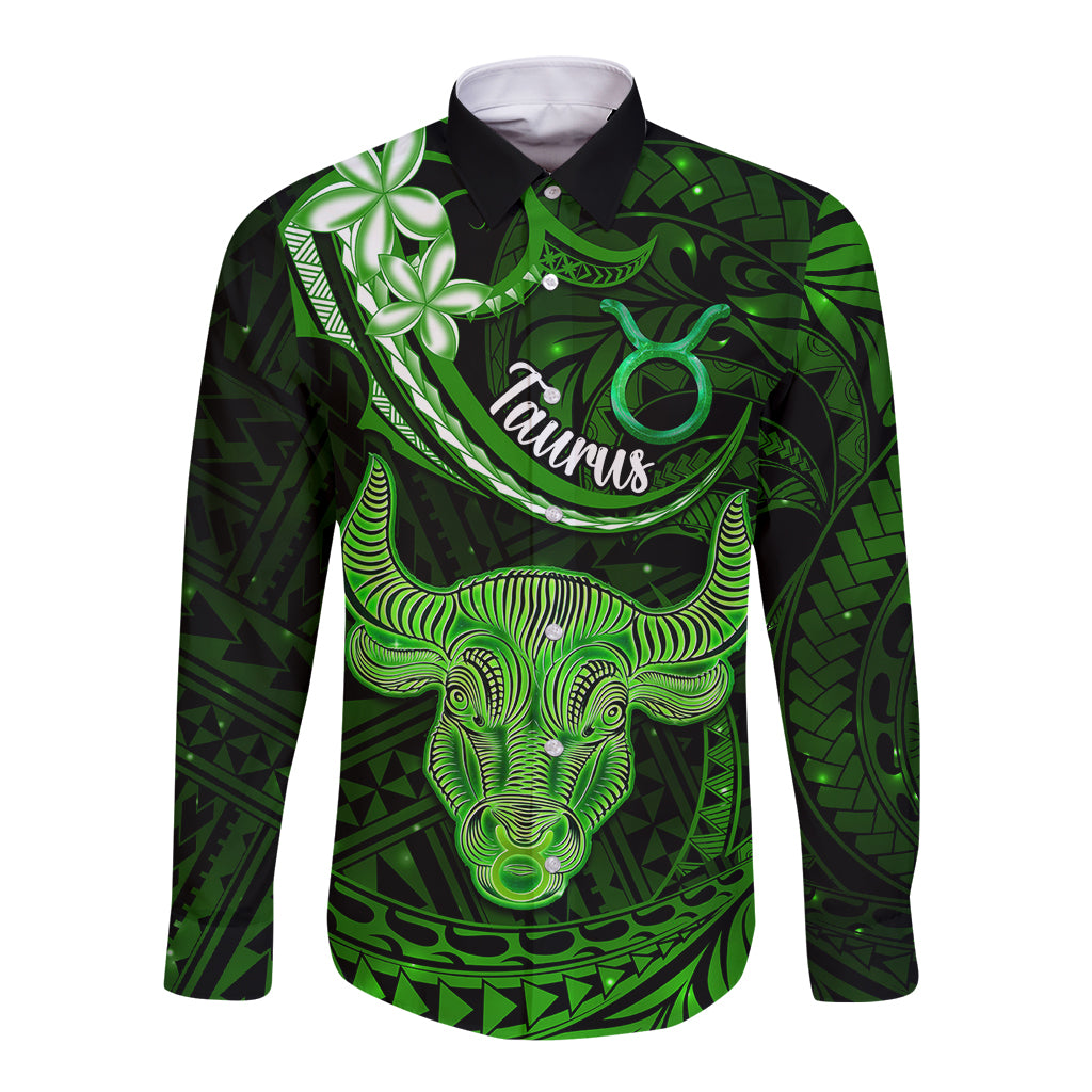 Polynesian Pride Taurus Zodiac Long Sleeve Button Shirt Astrological Sign Tribal Plumeria Green Galaxy LT14 Unisex Green - Polynesian Pride