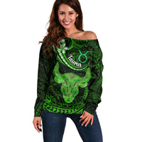 Polynesian Pride Taurus Zodiac Off Shoulder Sweater Astrological Sign Tribal Plumeria Green Galaxy LT14 Women Green - Polynesian Pride