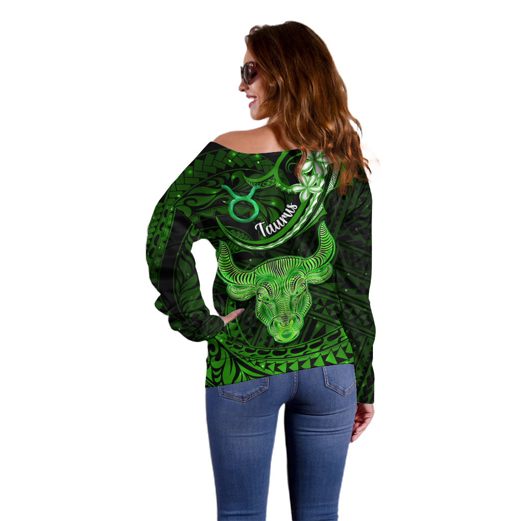 Polynesian Pride Taurus Zodiac Off Shoulder Sweater Astrological Sign Tribal Plumeria Green Galaxy LT14 - Polynesian Pride