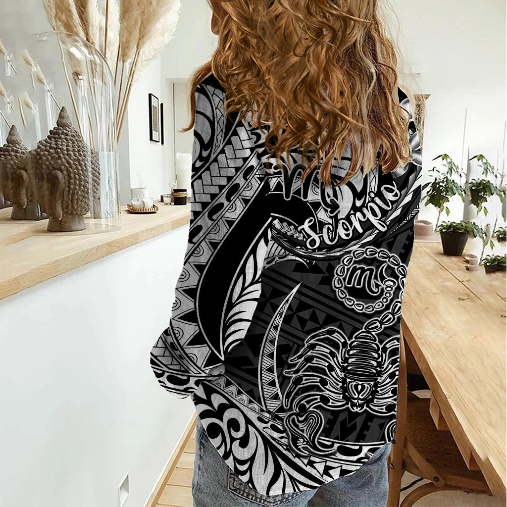 Polynesian Pride Scorpio Zodiac Women Casual Shirt Astrological Sign Tribal Plumeria Black LT14 - Polynesian Pride