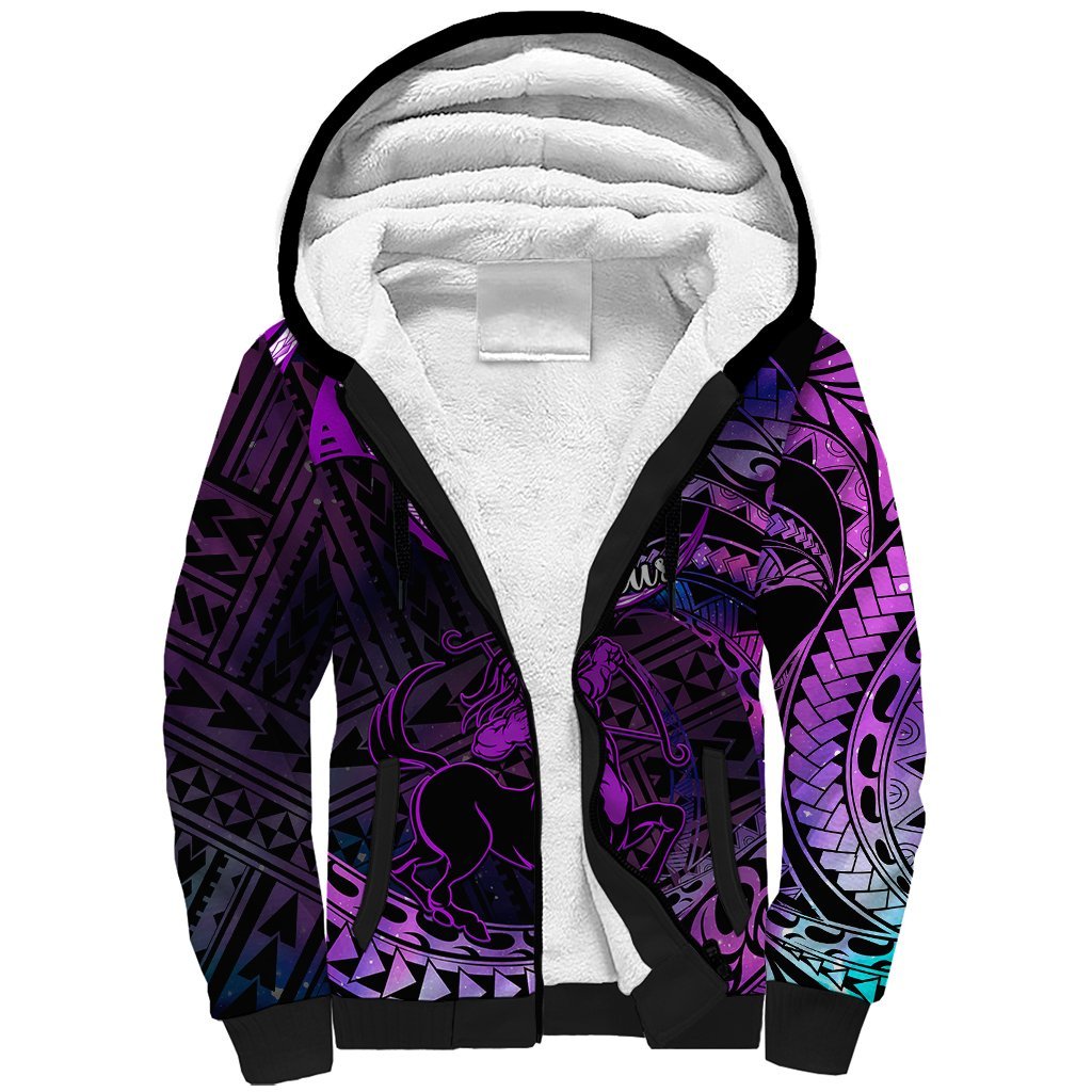 Polynesian Pride Sagittarius Zodiac Sherpa Hoodie Astrological Sign Tribal Plumeria Purple Galaxy LT14 Unisex Purple - Polynesian Pride