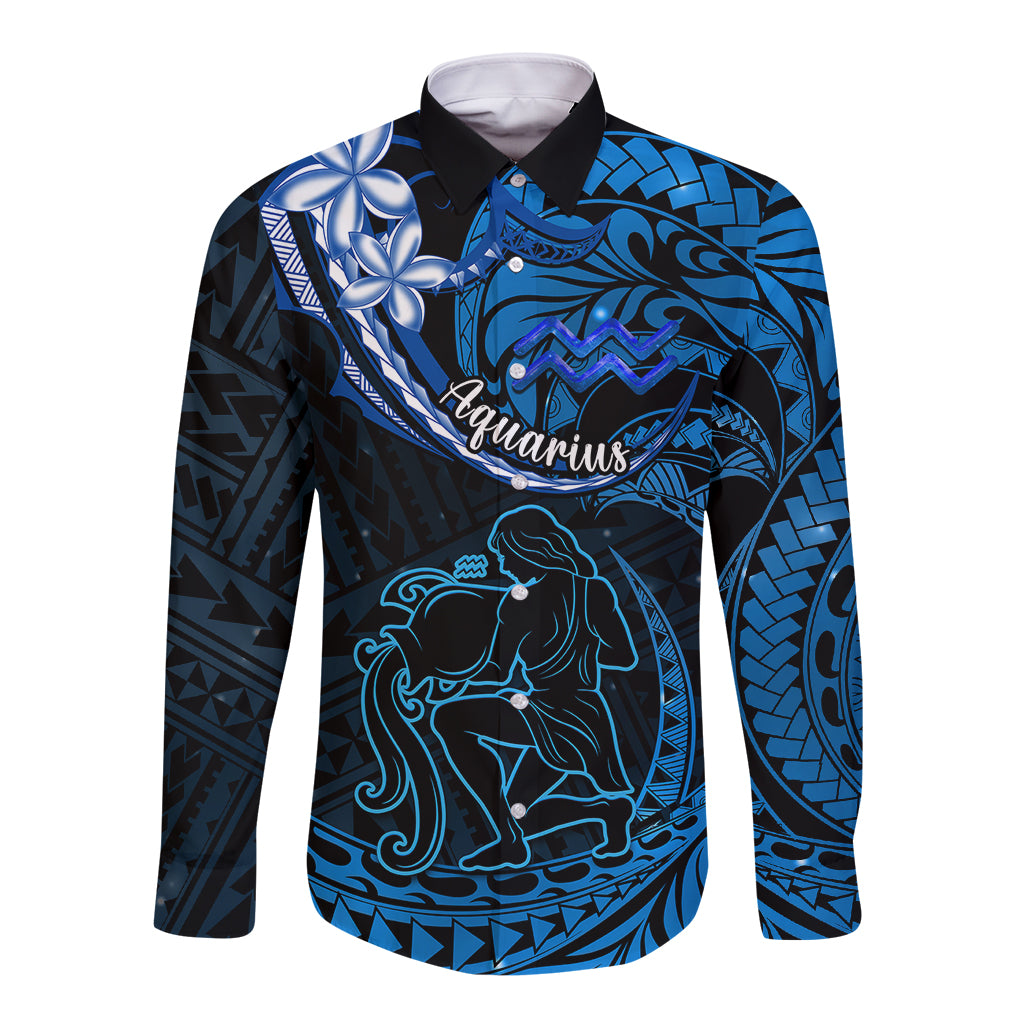 Polynesian Pride Aquarius Zodiac Long Sleeve Button Shirt Astrological Sign Tribal Plumeria Blue Galaxy LT14 Unisex Blue - Polynesian Pride