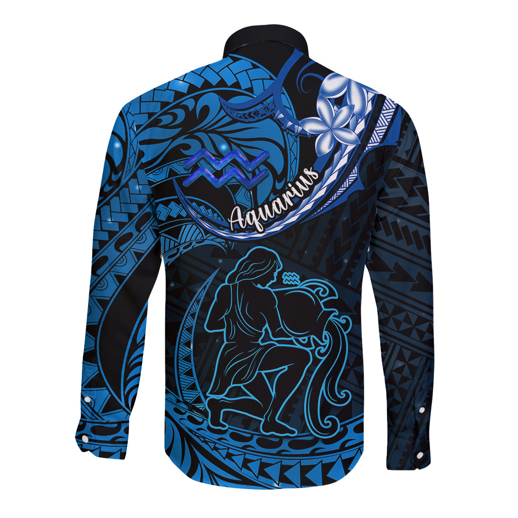 Polynesian Pride Aquarius Zodiac Long Sleeve Button Shirt Astrological Sign Tribal Plumeria Blue Galaxy LT14 - Polynesian Pride