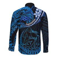 Polynesian Pride Aquarius Zodiac Long Sleeve Button Shirt Astrological Sign Tribal Plumeria Blue Galaxy LT14 - Polynesian Pride