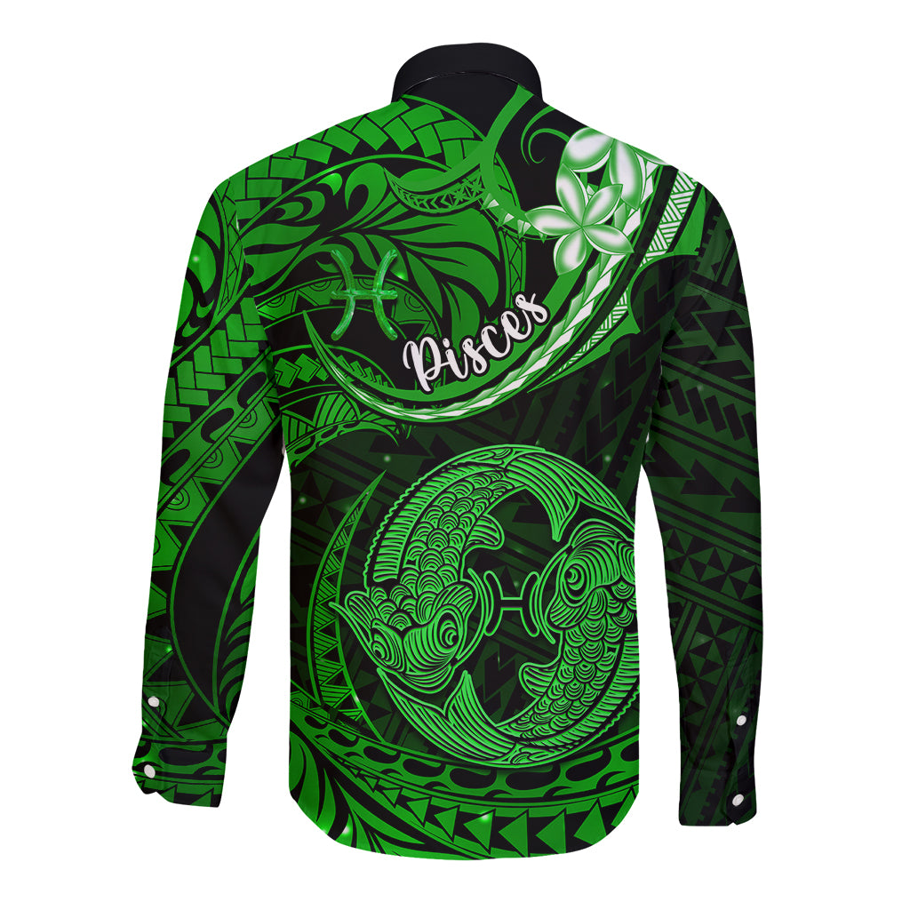 Polynesian Pride Pisces Zodiac Long Sleeve Button Shirt Astrological Sign Tribal Plumeria Green Galaxy LT14 - Polynesian Pride