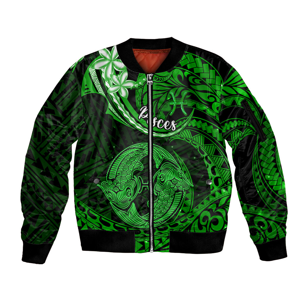 Polynesian Pride Pisces Zodiac Sleeve Zip Bomber Jacket Astrological Sign Tribal Plumeria Green Galaxy LT14 Unisex Green - Polynesian Pride
