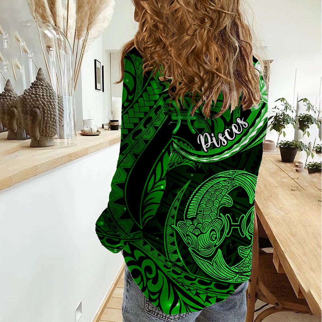 Polynesian Pride Pisces Zodiac Women Casual Shirt Astrological Sign Tribal Plumeria Green Galaxy LT14 - Polynesian Pride