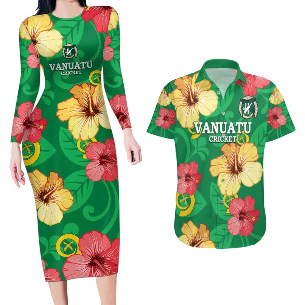 Custom Vanuatu Cricket Couples Matching Long Sleeve Bodycon Dress and Hawaiian Shirt 2024 Tropical Flowers Version